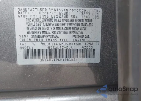 2017 Nissan Sentra S z USA, uszkodzony, nr VIN 3N1AB7AP6HY281454
